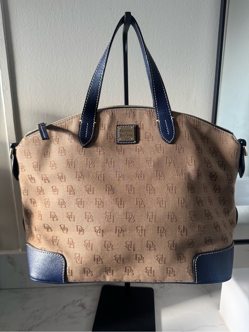 Dooney & Bourke Tan Canvas Tote with Navy Leather Trim